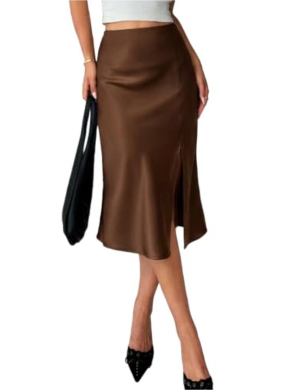 Satin Midi Skirt High Waisted Side Slit Slip Skirt Elegant for Wedding Party